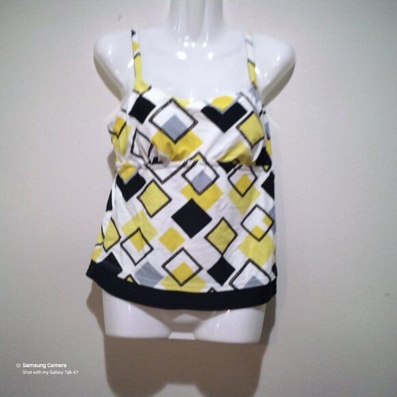 Tropical Honey Yellow & Black Boarder Print Swimsuit Tankini Top Separate NWT S - Picture 1 of 3